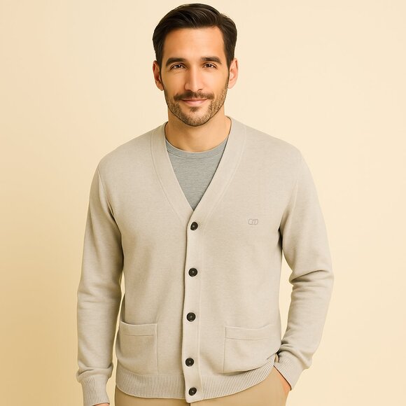 Chaps Ralph Lauren Mens Cream Button Up Classic Cardigan Sweater V-Neck Knit-L - Picture 1 of 8